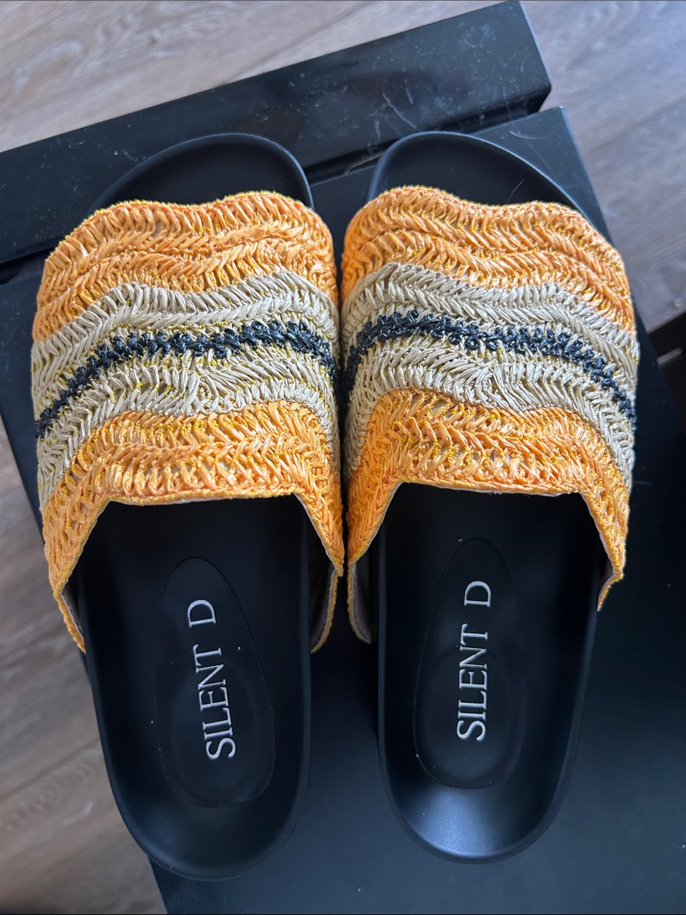 Anthropologie Woven Raffia Slide Sandals in Yellow, Cream & Black